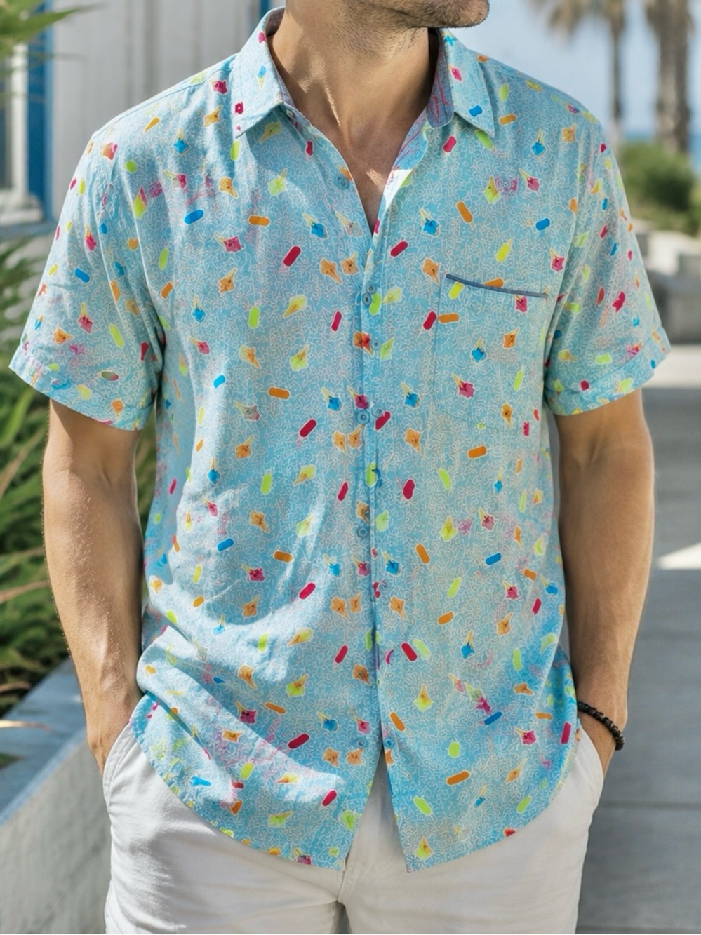 Ice Cream popsicle Print Button-Up Shirt Light blue Large Summer Novelty Shirt